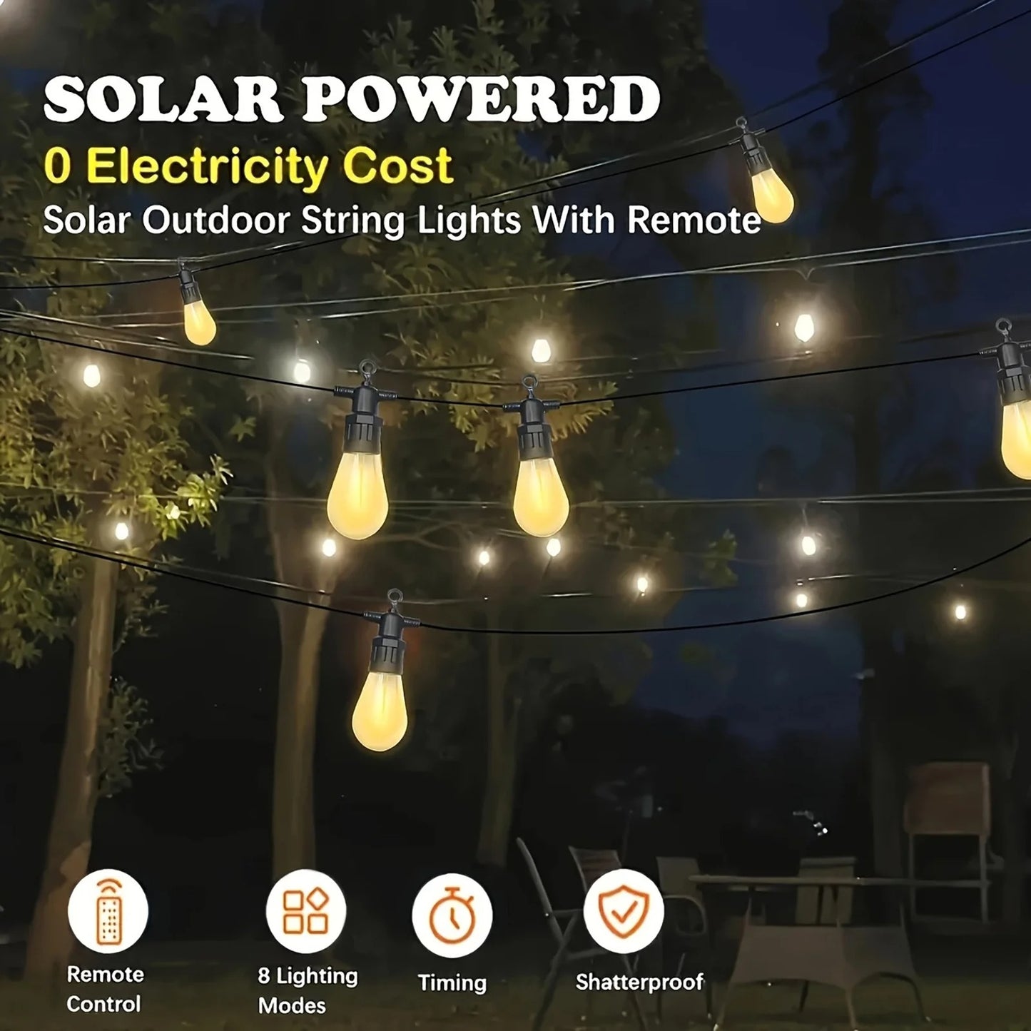 48FT Solar Wire String Lights, Outdoor Lighting Fairy String Lights Suitable For Christmas, Wedding, Bar, Coffee Salon, And Store Displays