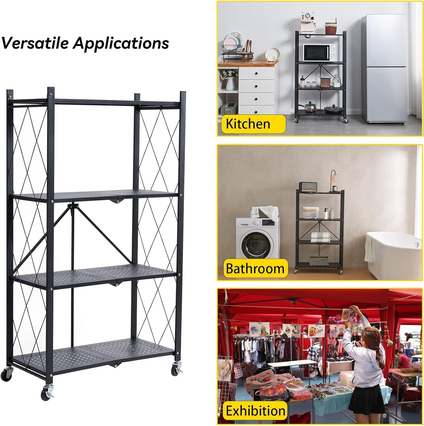 4-Tier Foldable Metal Storage Shelf with Wheels, Heavy-Duty Movable Wire Rack for Garage, Kitchen, Basement, Pantry, 28''L x 13.4''W x 49.2''H-Black