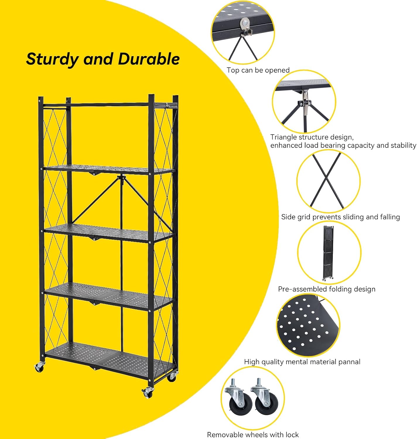 5-Tier Foldable Metal Storage Shelf with Wheels, Heavy-Duty Movable Wire Rack for Garage, Kitchen, Basement, Pantry, 28''L x 13.4''W x 61.4''H-Black