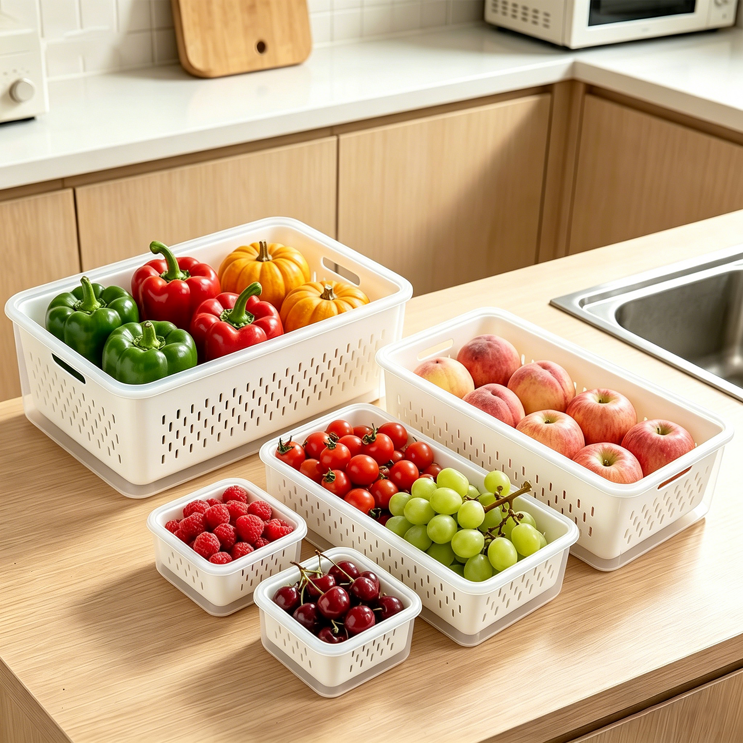 5 Pack Fruit Storage Containers for Fridge with Removable Colander & Handle Lid, Refrigerator Organizers and Storage, 5-in-1 Leakproof Organizer for Salad, Berries, Vegetables & Meat, Dishwasher Safe