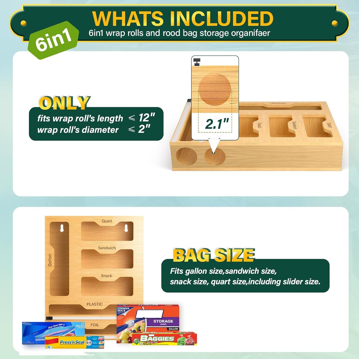 Bag Organizer and Plastic Wrap Dispenser with Cutter, 6 In 1 Bamboo Foil and Plastic Wrap Organizer for Kitchen Drawer, Food Storage Bag Organizer for Gallon,Quart,Sandwich,Snack(Yellow)