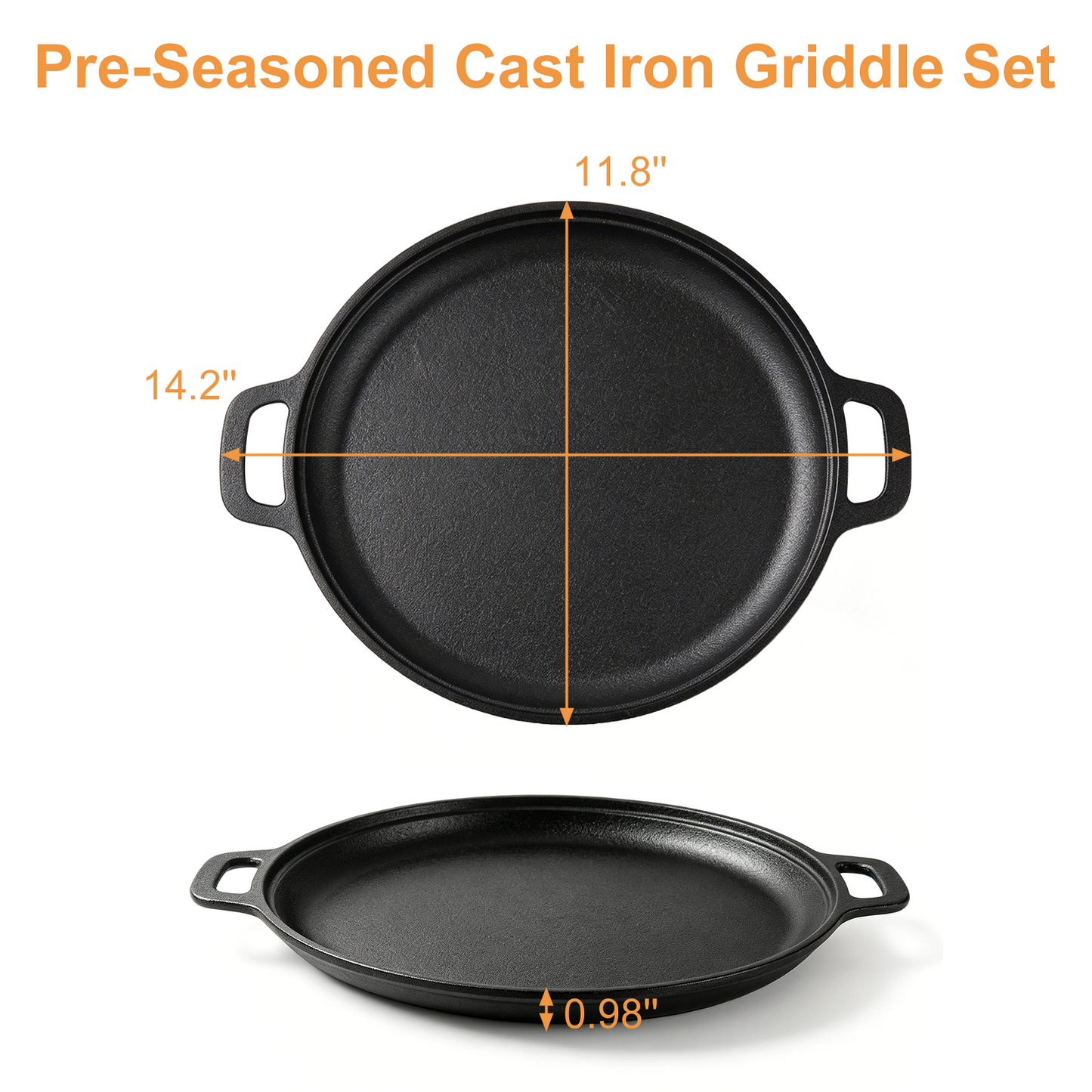 Round Cast Iron Skillet, TAIMASI 12'' Pre-Seasoned Cast Iron Frying Pan with Dual Handle, Oven Safe Pizza Pan for Grill, BBQ, Roasting, All Stovetops Safe