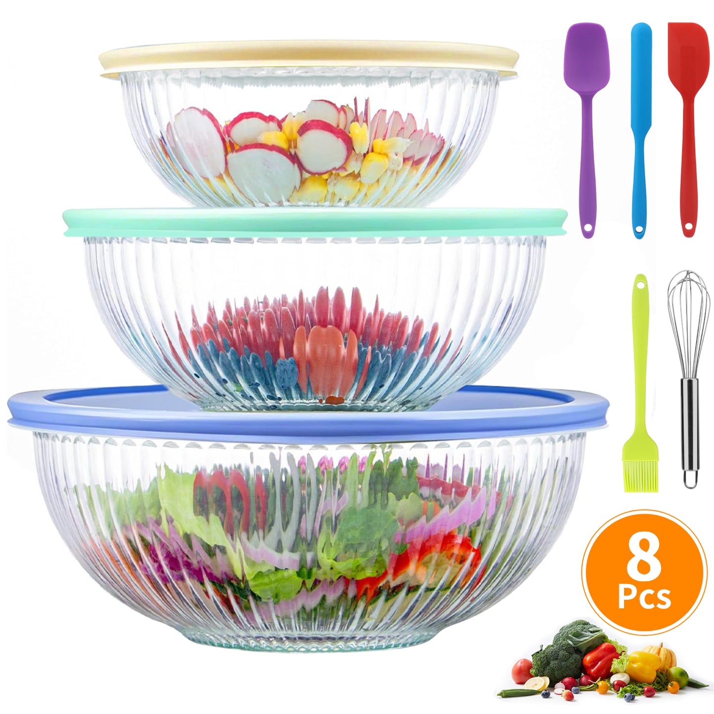Glass Mixing Bowls Set, AOKIWO 11 Packs 3 Size Glass Nesting Mixing Bowl with BPA-Free Lids & Baking Tools, Kitchen Storage Bowls for Prep, Baking, Serving