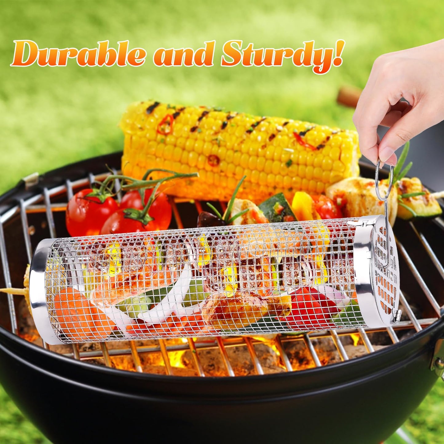 Rolling Grill Baskets for Outdoor Grilling, 2 Pcs Stainless Steel Grill Mesh, Rolling Grill Baskets for Outdoor Grill, Portable Grill Nets Cylinder for Shrimp, Meat Barbecue Camping Picnic with Forks