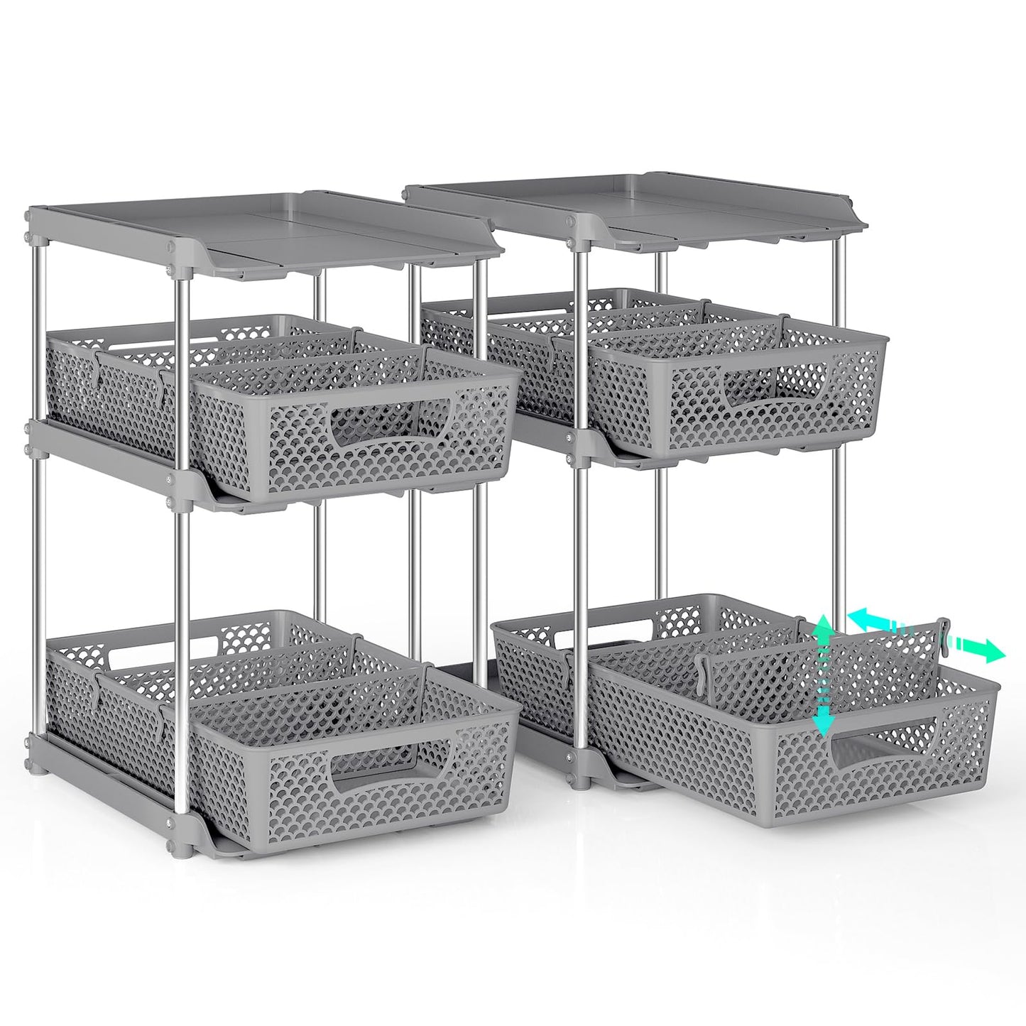 2 Pcs 3 Tier Bathroom Organizers and Storage, Pull Out Under Sink Organizer with Dividers, Kitchen Pantry Organizers and Storage, Bathroom Storage Cabinet - Grey