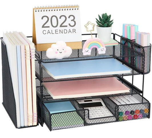 Desk Organizer and Accessories, 4-Tier Desktop File Organizer with Drawer and 2 Pen Holders, Office Desk Accessories & Workspace Organizers (Black)