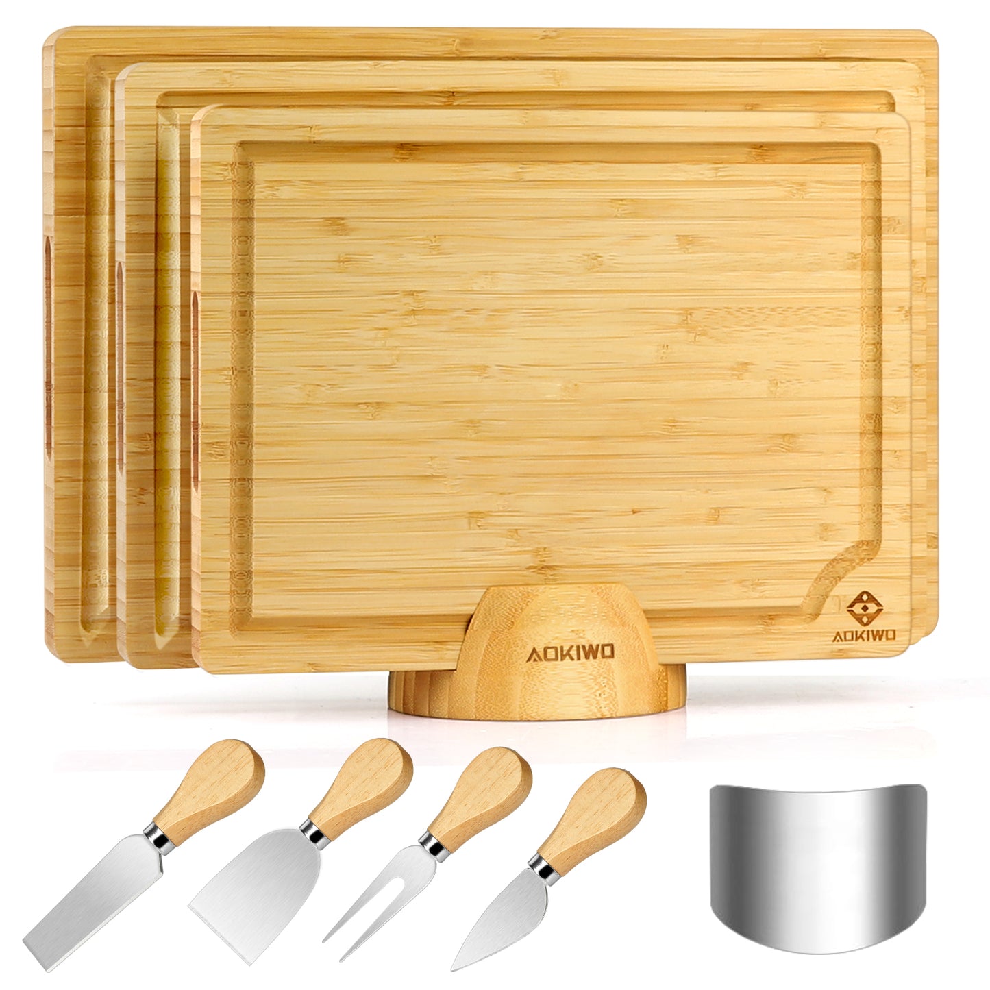 Wooden Cutting Boards with Stand - AOKIWO 8Pcs Bamboo Cutting Board with Stand and Cheese Knives and Finger Guards, Multi-functional Kitchen Meal Prep Board Sets for Charcuterie, Meat, Vegetable
