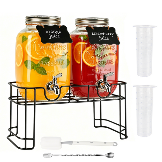 1 Gallon Glass Drink Dispensers for Parties, TAIMASI 2 Pack Beverage Dispenser with Stand & Stainless Steel Spigot, Leakproof Lemonade Drink Dispenser for Sun Tea, Homemade Juice