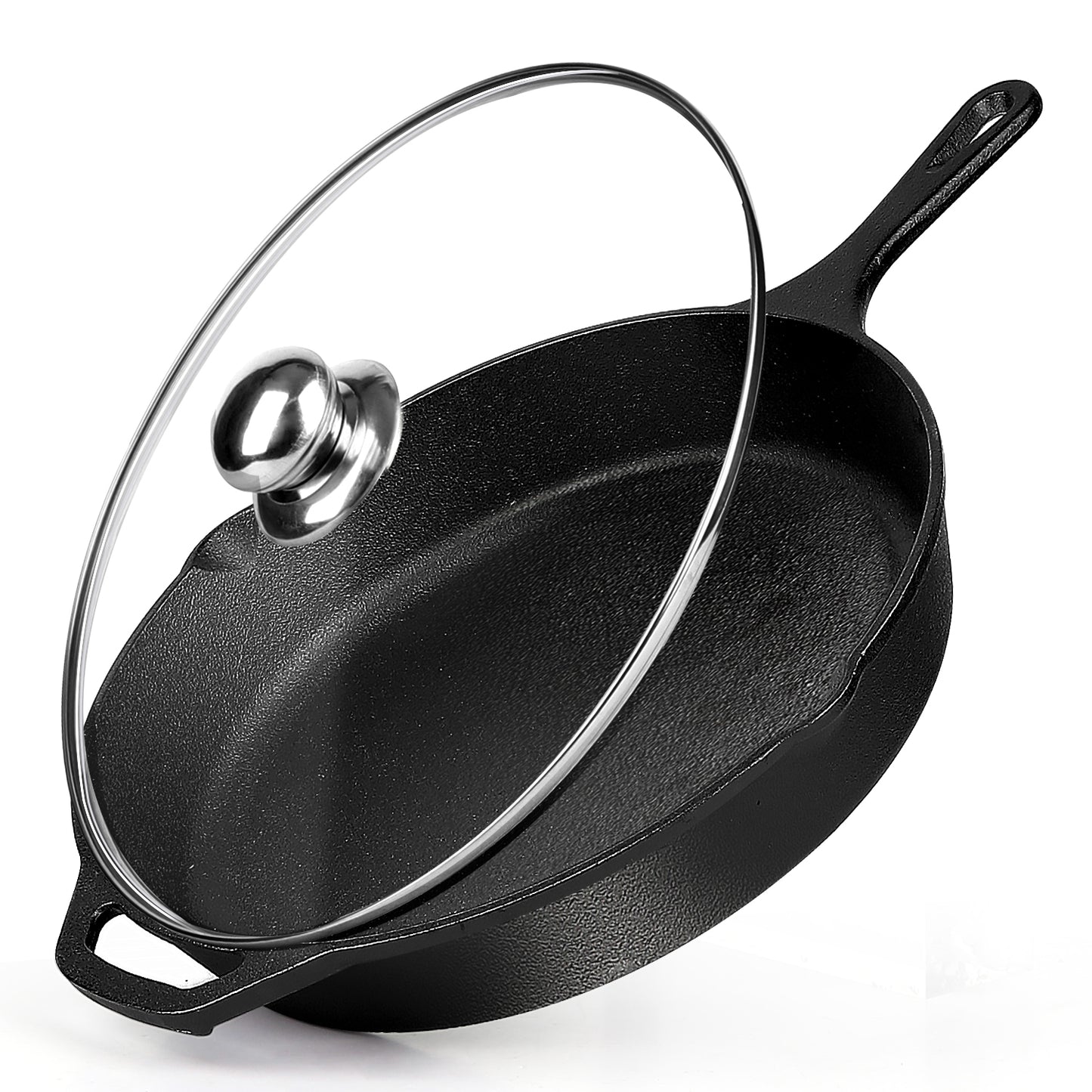 Cast Iron Skillet with Lid, AOKIWO 12" Pre-Seasoned Covered Frying Pan, Indoor/Outdoor Glass Cover Cookware Set for Grill, BBQ, Stovetop, Oven Safe