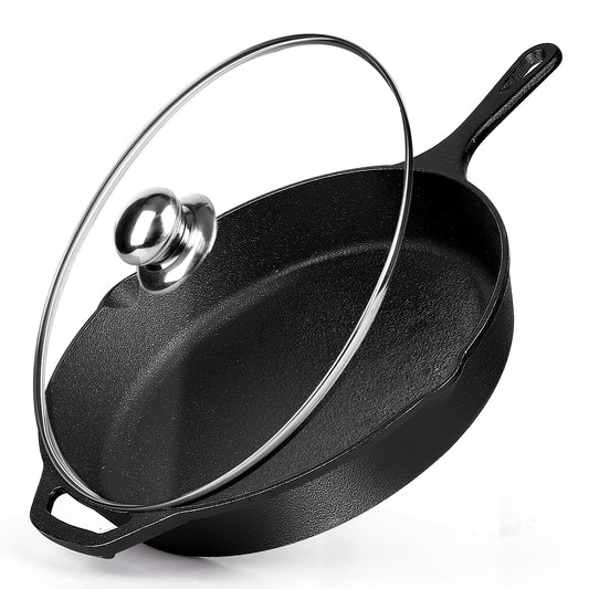 Cast Iron Skillet with Lid, AOKIWO 12" Pre-Seasoned Covered Frying Pan, Indoor/Outdoor Glass Cover Cookware Set for Grill, BBQ, Stovetop, Oven Safe