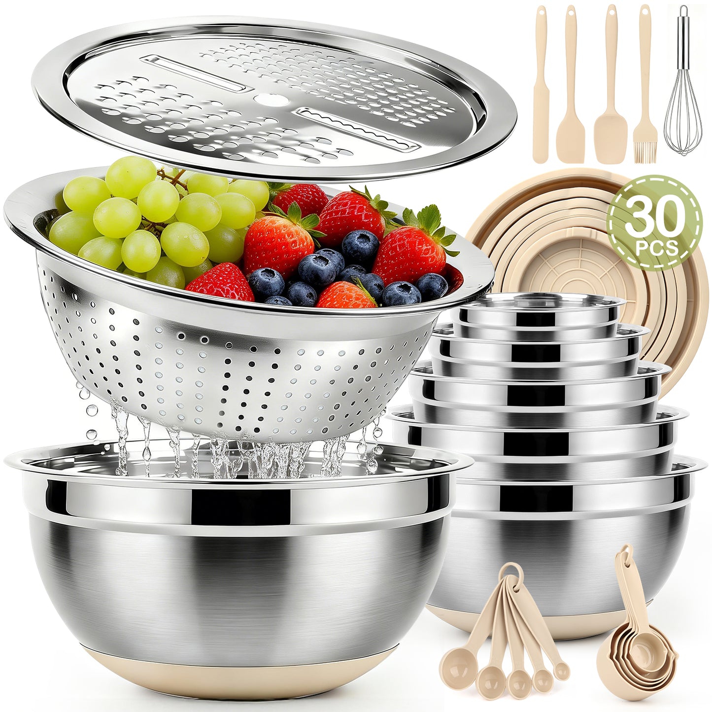 30 PCS Stainless Steel Mixing Bowls Set with Airtight Lids, Non-Slip Silicone Bottom, Colander & Grater, Kitchen Serving Gadgets, Sizes 4.5, 3, 2.5, 2, 1.5, 1, 0.75 QT