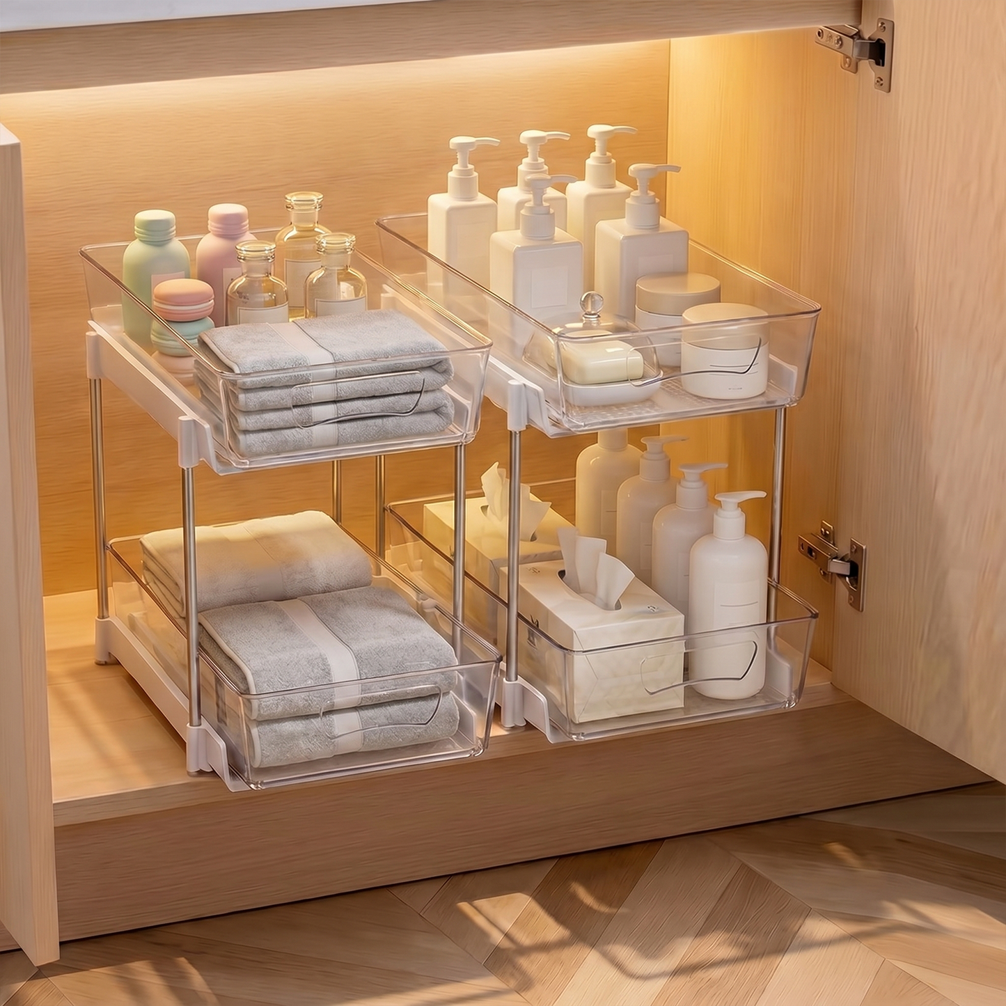2 Pack Bathroom Organizer, 2 Tier Under Sink Organizers Vanity Countertop Storage Container, Kitchen Cabinet Drawers Bins, Pull-Out Organization for Pantry, Spice, White & Clear