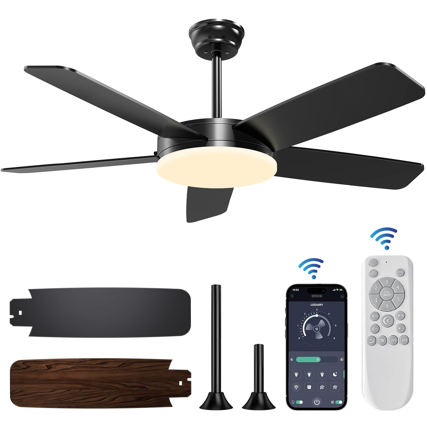 Kaqinu Ceiling Fans with Lights and Remote & App Control,45 inch Modern Ceiling Fans,6 Speeds 3 Colors for Indoor
