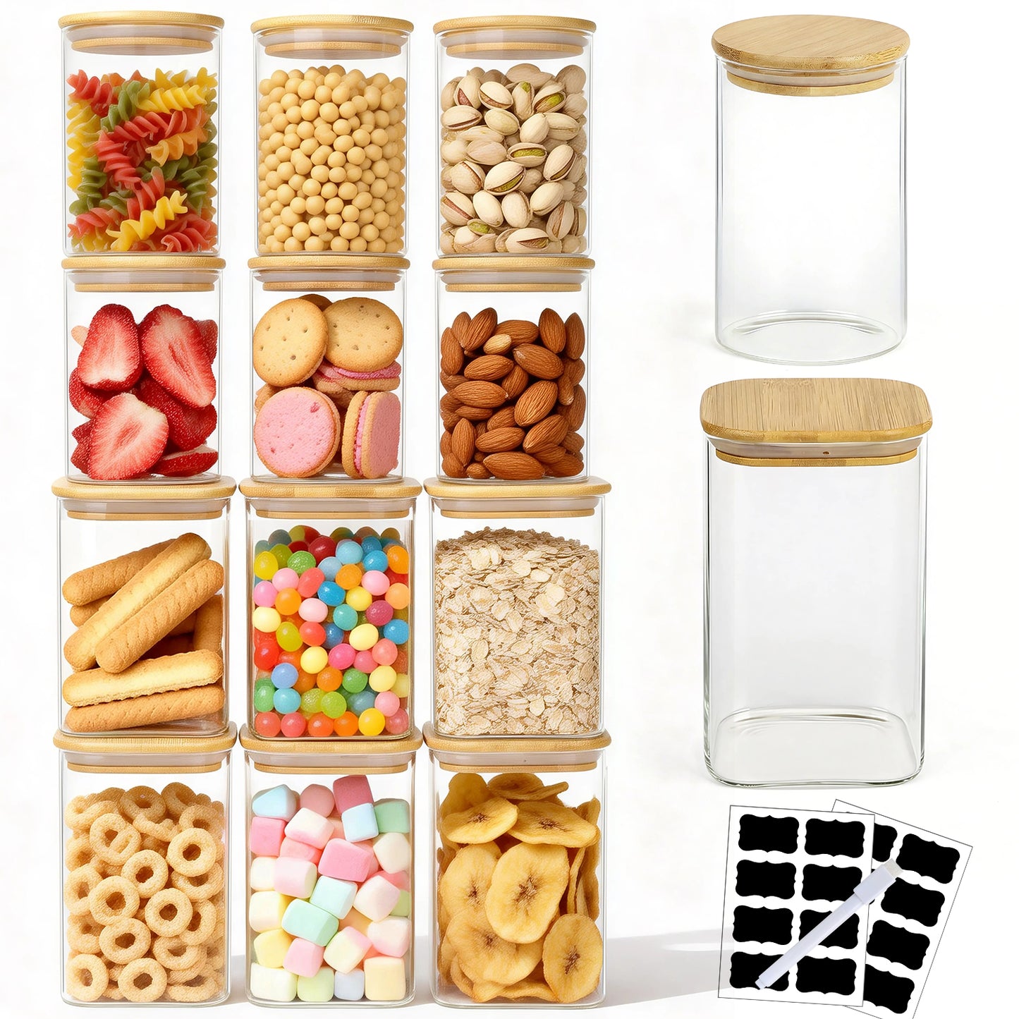 6 Pack Glass Storage Jars Set, 27oz & 37oz Clear Glass Food Storage Containers with Airtight Bamboo Lid, Stackable Kitchen Canisters for Candy, Cookie, Flour, Pasta, Nuts & Spice ( Labels + Marker)