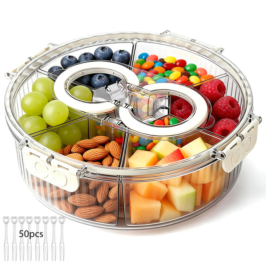 Snackle Box Container with Lid, Handle, Stackable Divided Serving Tray for Fruits Candy Organizer, Portable Spinning Rounded Veggie Tray for Kitchen, Party, Travel and Picnic, Clear