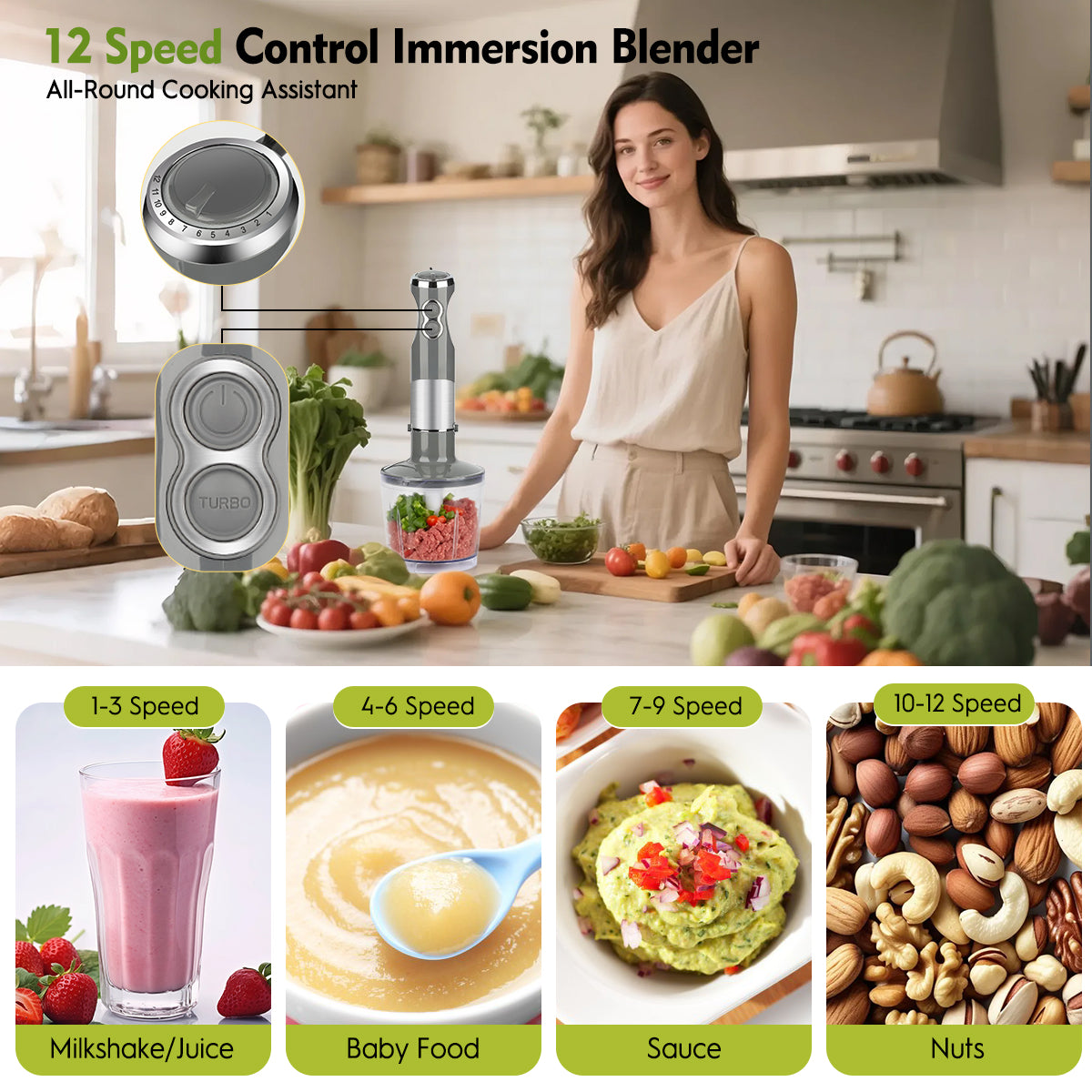 Immersion Blender Handheld, AOKIWO 3-in-1 Hand Blender 12 Speed Turbo Mode Stick Blender, Kitchen Stainless Steel Hand Blender with Chopper, Milk Frother, Whisk for Baby Food, Soup