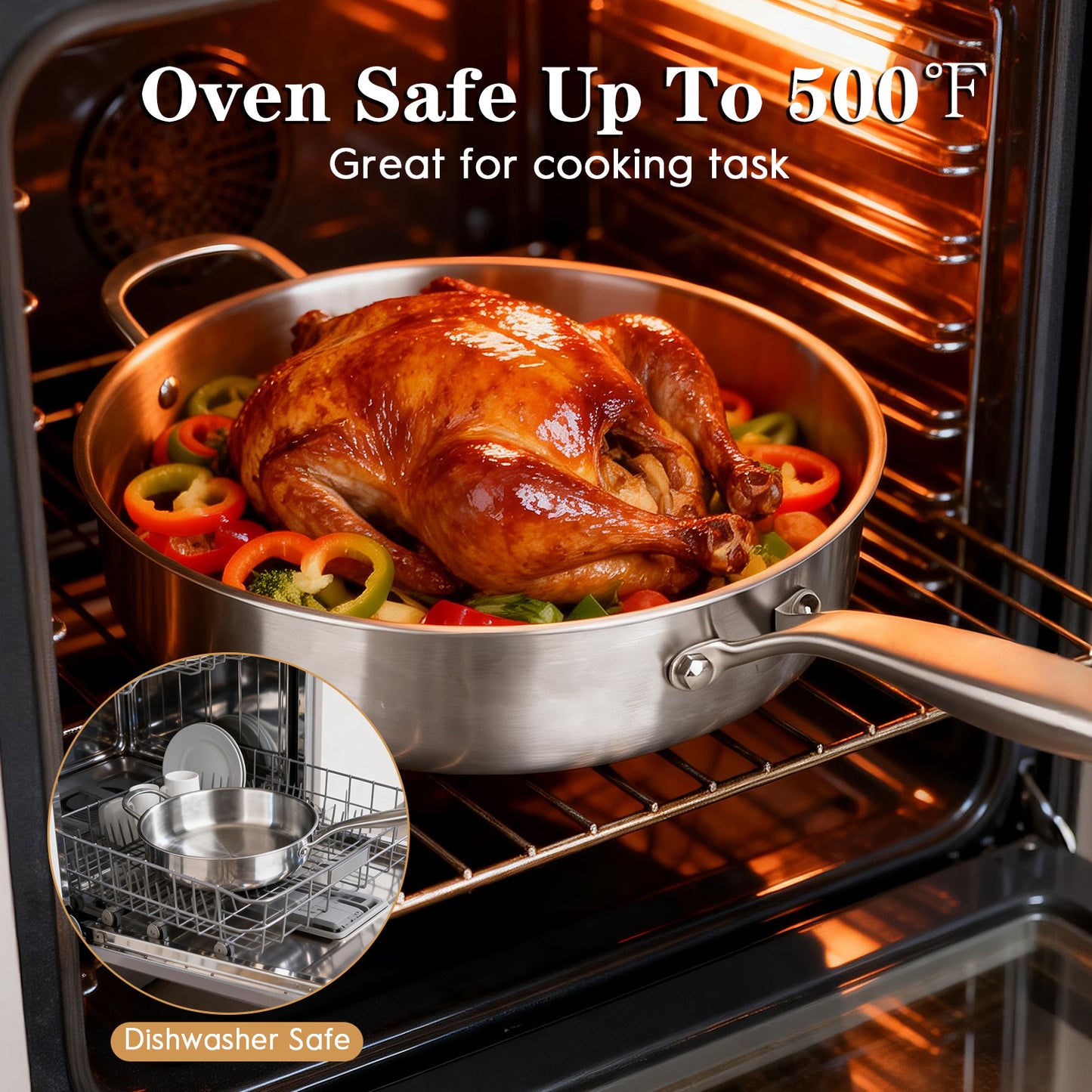 Tri-Ply Stainless Steel Frying Pan, TAIMASI 12 Inch Stainless Steel Skillet with Lid & Handle, 6 Quart Saute Pan Compatible with All Cooktops, Dishwasher and Oven Safe Cookware