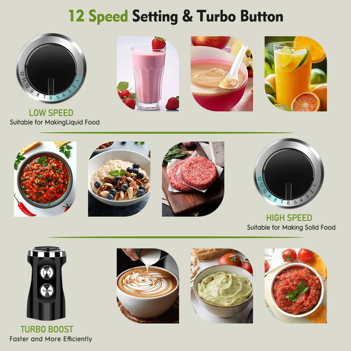 Immersion Blender Handheld, AOKIWO 12-Speed 5 in 1 Hand Blender, Stick Blender with Beaker, Chopper Bowl, Whisk, and Frother for Smoothies, Soup, Baby Food