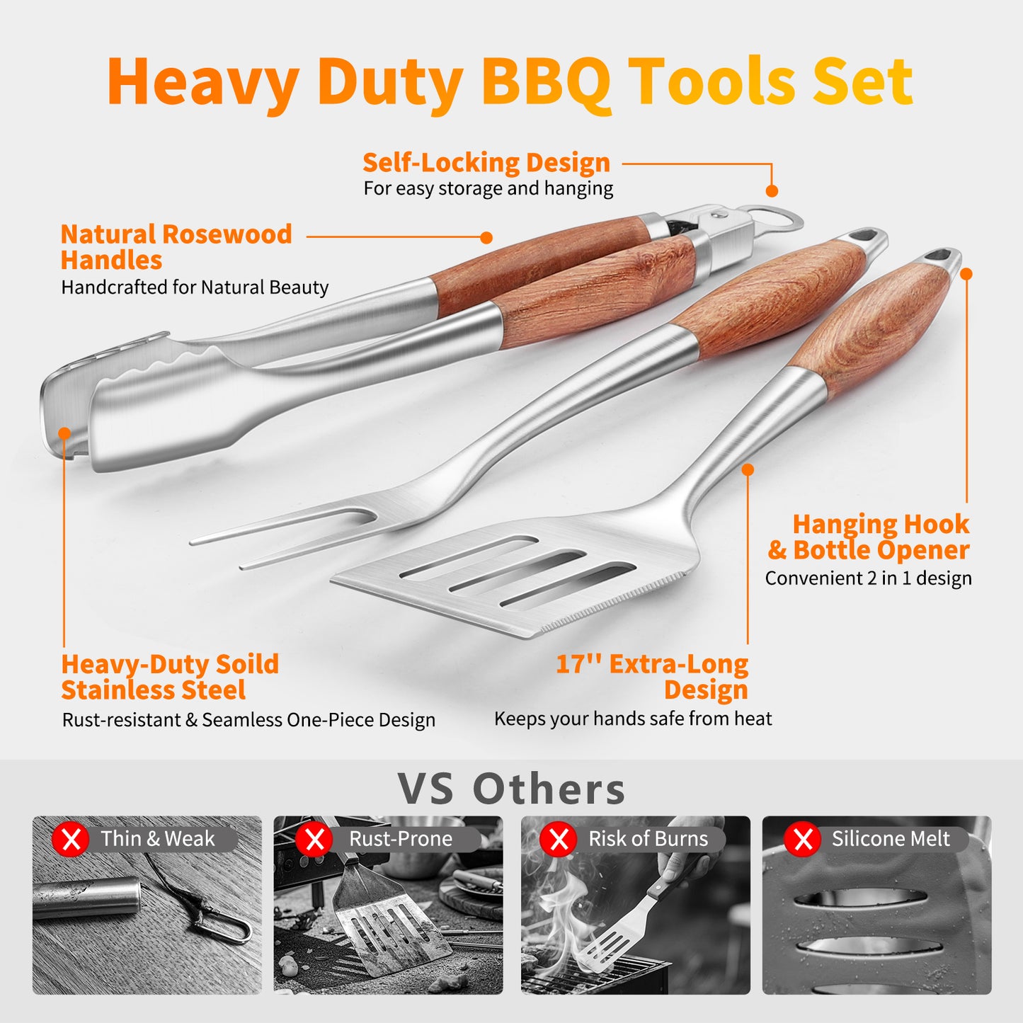 Heavy-Duty Rose Wooden BBQ Grilling Tools Set. Extra Thick Stainless Steel Multi-Function Spatula, Fork & Tongs | Essential Accessories with Organizer Bag for Barbecue & Grill. Ideal Gift for Father