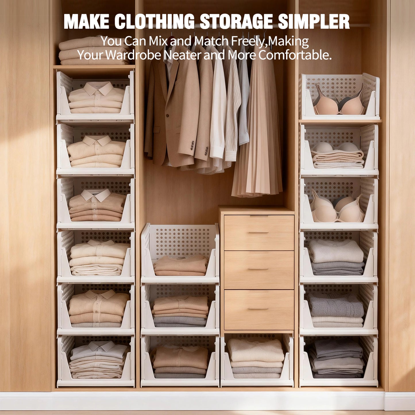 TAIMASI 8 Pack Stackable Closet Storage Basket, Multifunctional Foldable Closet Organizer for Kitchen Bathroom Laundry Room Wardrobe Storage, Space-Saving Clothes Storage Drawer Organizer, White
