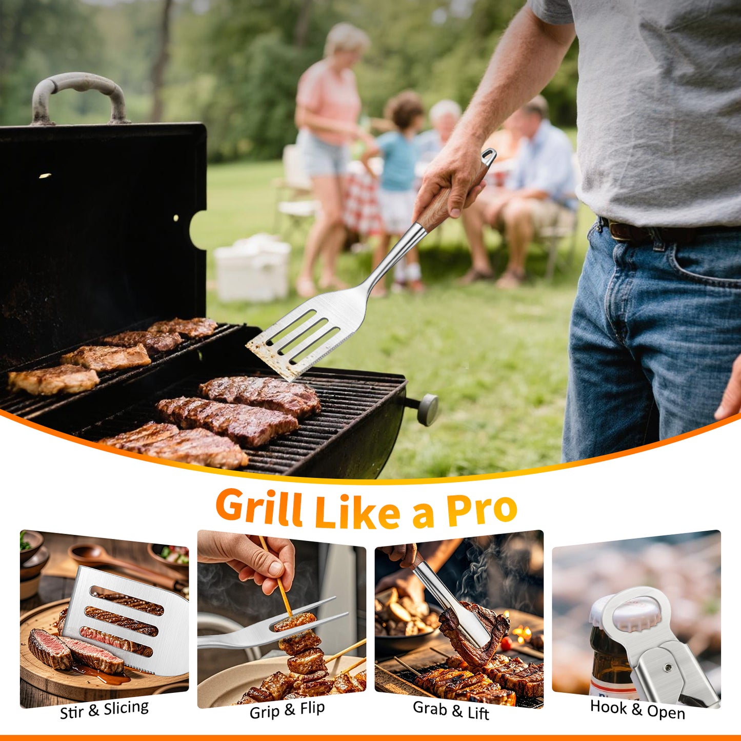 Heavy-Duty Rose Wooden BBQ Grilling Tools Set. Extra Thick Stainless Steel Multi-Function Spatula, Fork & Tongs | Essential Accessories with Organizer Bag for Barbecue & Grill. Ideal Gift for Father