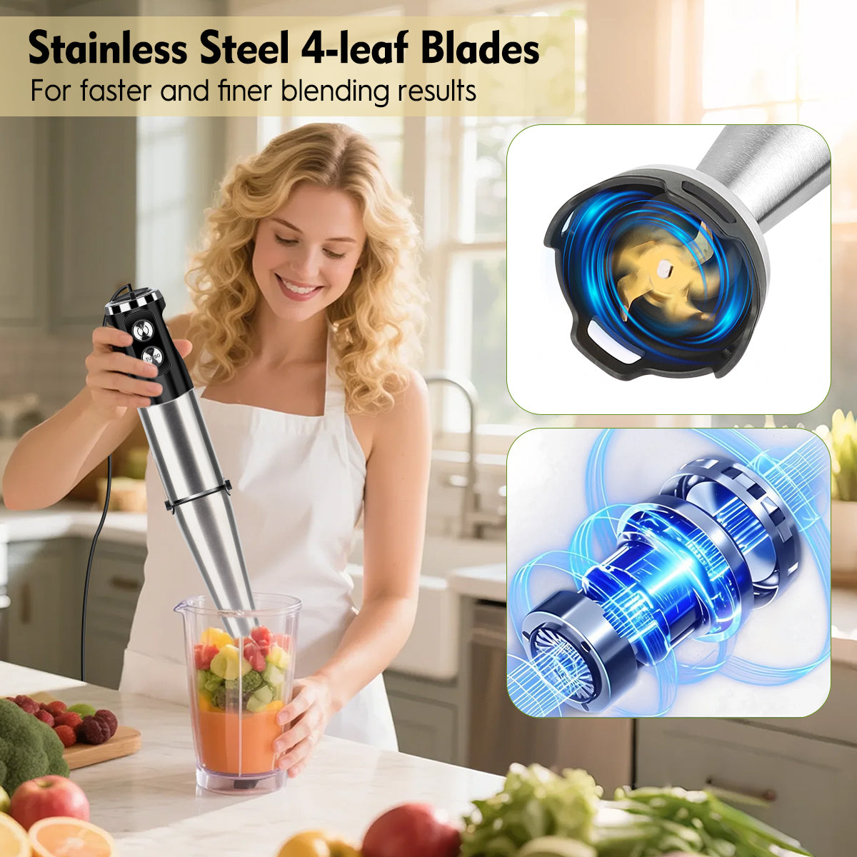 Immersion Blender Handheld, AOKIWO 12-Speed 5 in 1 Hand Blender, Stick Blender with Beaker, Chopper Bowl, Whisk, and Frother for Smoothies, Soup, Baby Food