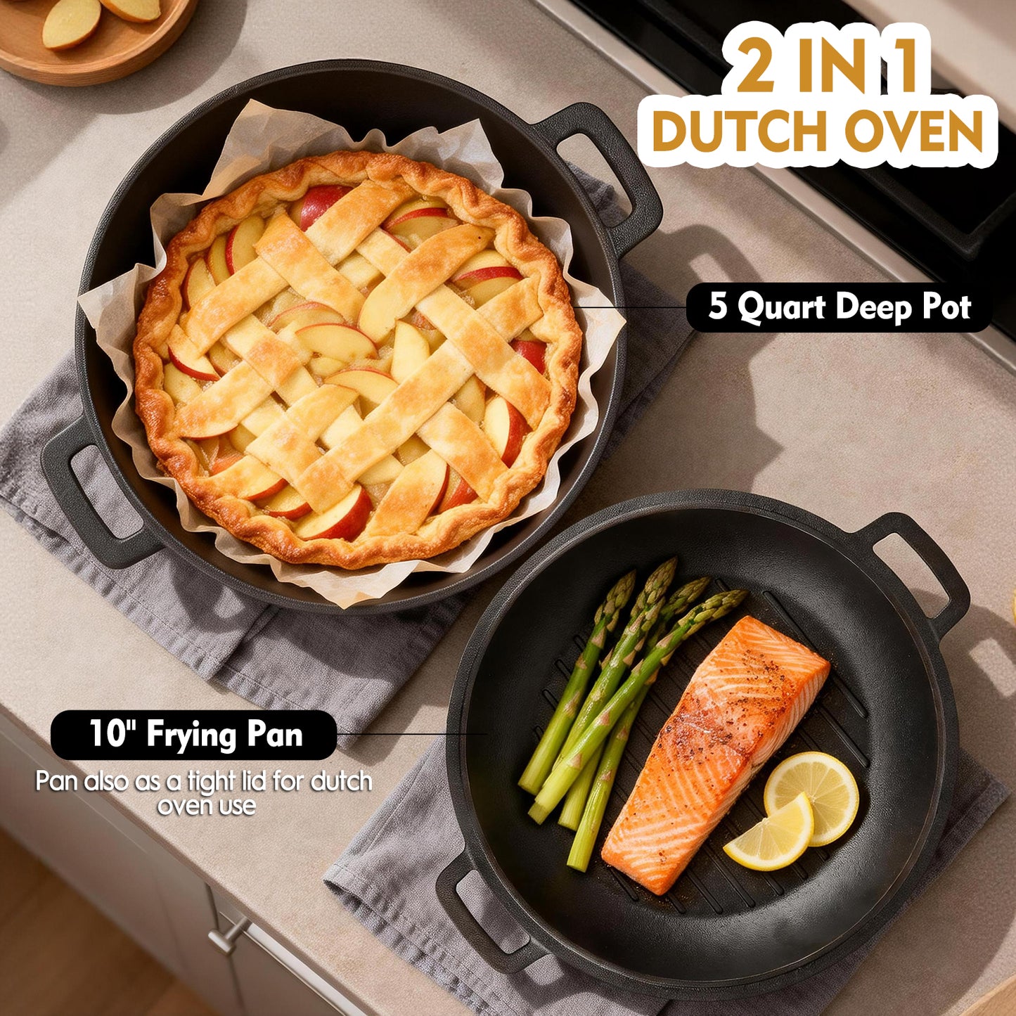 2-in-1 Cast Iron Dutch Oven Pot, TAIMASI 5 Qt Pre-Seasoned Cooking Pan with Skillet Lid & Dual Handles,Indoor Outdoor Cast Iron Skillet Cookware Pan Set for Bread Frying Baking