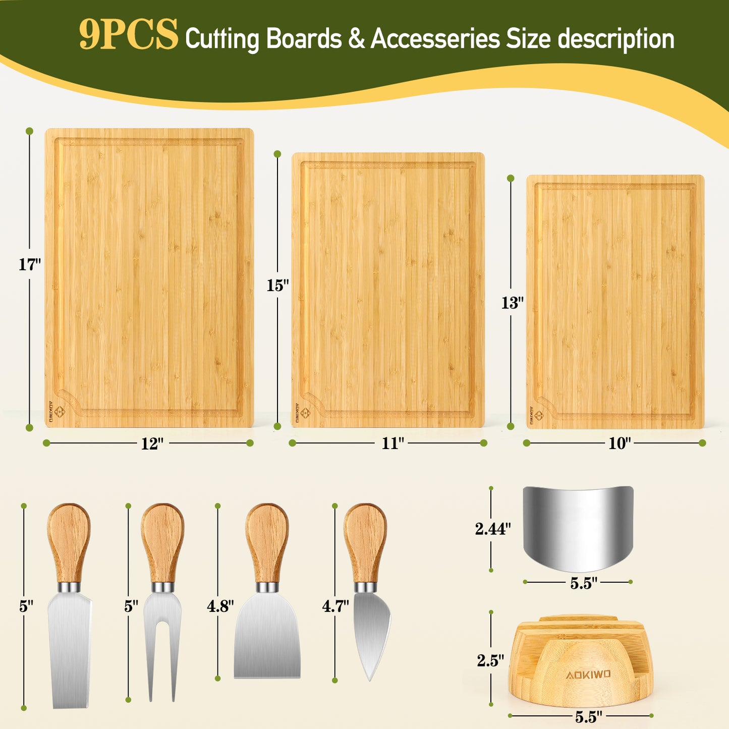 Wooden Cutting Boards with Stand - AOKIWO 8Pcs Bamboo Cutting Board with Stand and Cheese Knives and Finger Guards, Multi-functional Kitchen Meal Prep Board Sets for Charcuterie, Meat, Vegetable
