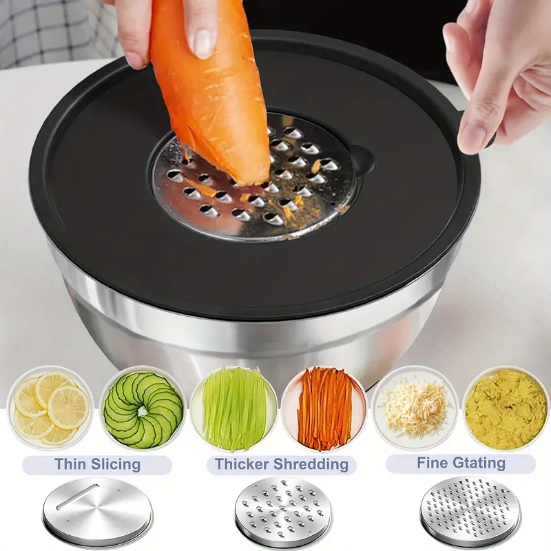 AOKIWO Mixing Bowls with Airtight Lids, 8PCS Stainless Steel Bowls Set with 3 Grater Attachments, Kitchen Bowls with Non-Slip Bottoms, Size 5, 4, 3.5, 2, 1.5 QT for Mixing & Serving, Black