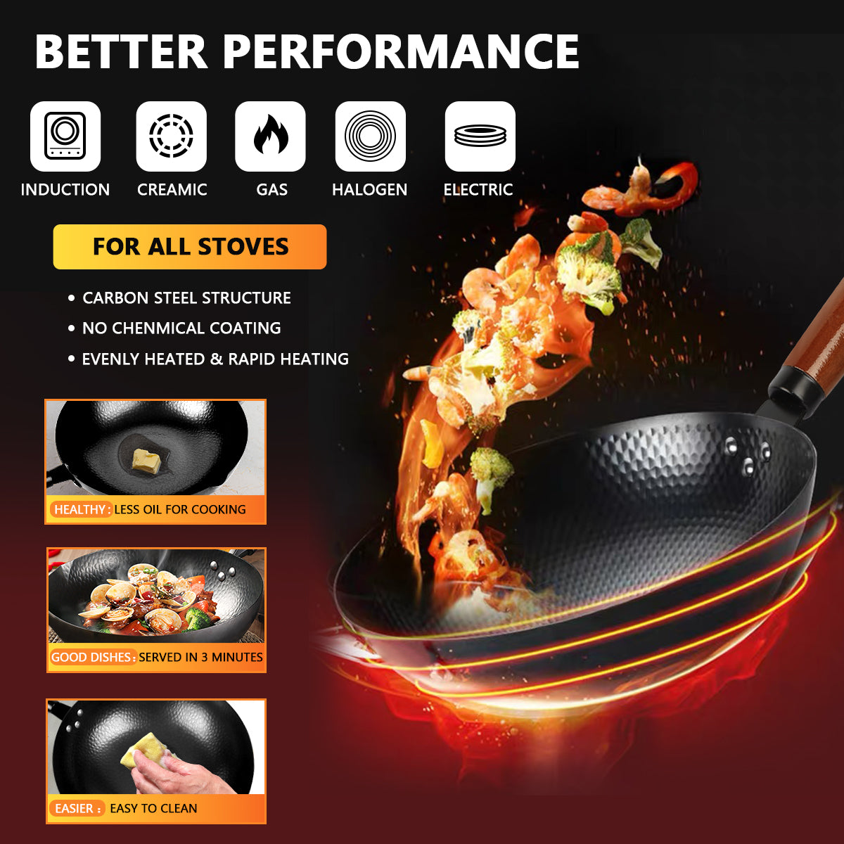 KAQINU Carbon Steel Wok Pan, 14 Piece Woks & Stir-Fry Pans Set with Wooden Lid Cookwares, No Chemical Coated Flat Bottom Chinese Pan for Induction, Electric, Gas, Halogen All Stoves - 12.6''