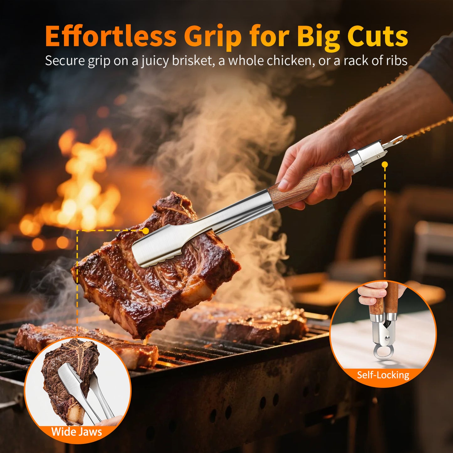Heavy-Duty Rose Wooden BBQ Grilling Tools Set. Extra Thick Stainless Steel Multi-Function Spatula, Fork & Tongs | Essential Accessories with Organizer Bag for Barbecue & Grill. Ideal Gift for Father