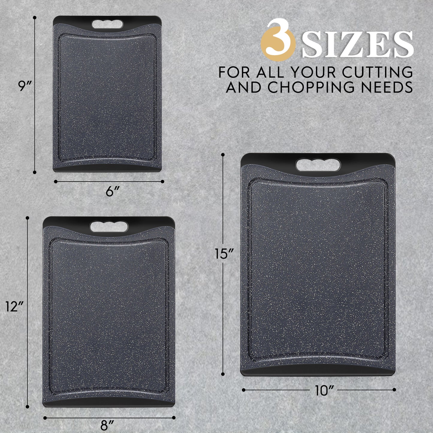 Extra Large Cutting Boards, AOKIWO Plastic Cutting Boards for Kitchen (Set of 3)Meat, Veggies Cutting Board Set Dishwasher Chopping Board with Juice Grooves Easy-Grip Handles, Dark Grey