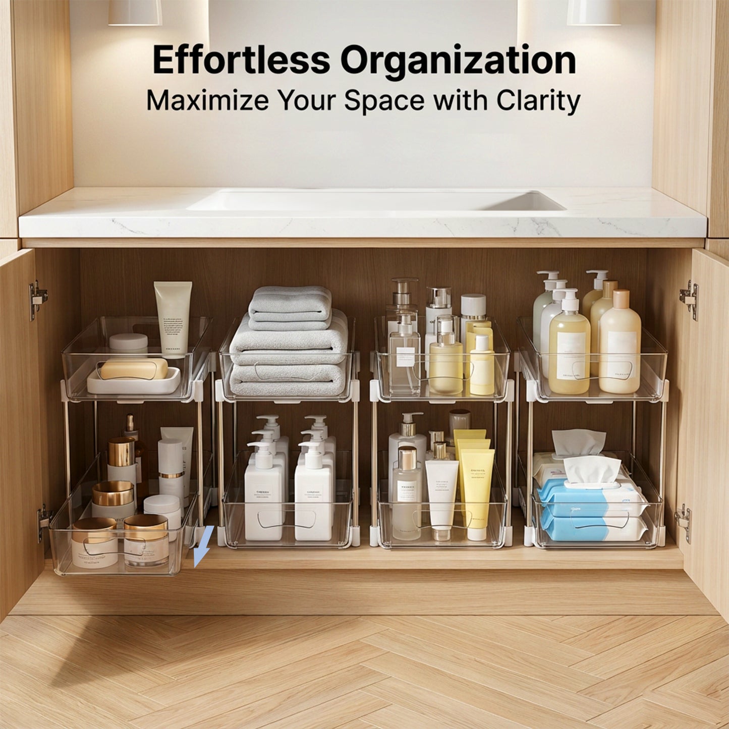 3 Pack Bathroom Organizer, 2 Tier Under Sink Organizers Vanity Countertop Storage Container, Kitchen Cabinet Drawers Bins, Pull-Out Organization for Pantry, Spice, White & Clear