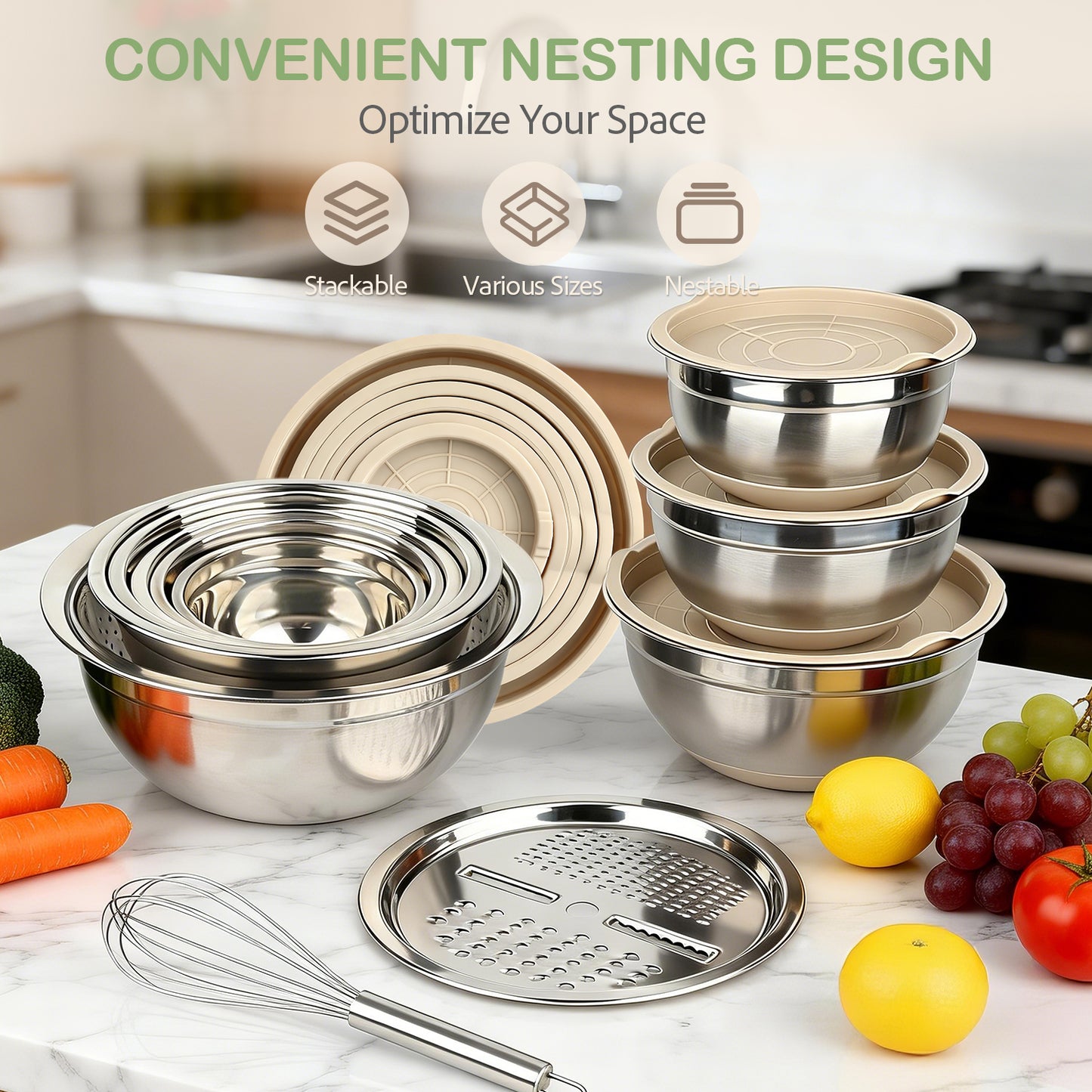 30 PCS Stainless Steel Mixing Bowls Set with Airtight Lids, Non-Slip Silicone Bottom, Colander & Grater, Kitchen Serving Gadgets, Sizes 4.5, 3, 2.5, 2, 1.5, 1, 0.75 QT