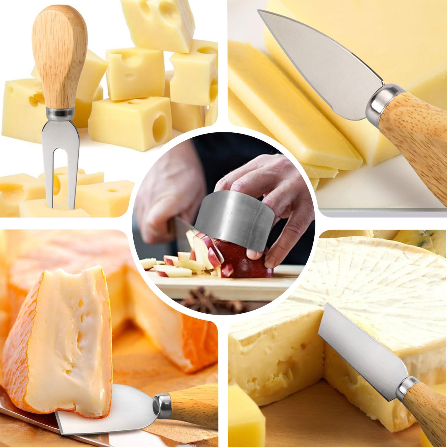 Wooden Cutting Boards with Stand - AOKIWO 8Pcs Bamboo Cutting Board with Stand and Cheese Knives and Finger Guards, Multi-functional Kitchen Meal Prep Board Sets for Charcuterie, Meat, Vegetable