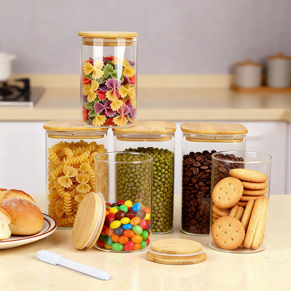6 Pack Glass Storage Jars Set, 27oz & 37oz Clear Glass Food Storage Containers with Airtight Bamboo Lid, Stackable Kitchen Canisters for Candy, Cookie, Flour, Pasta, Nuts & Spice ( Labels + Marker)