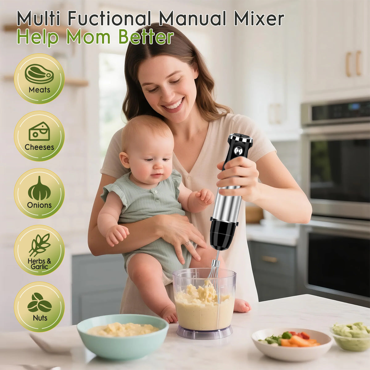 Immersion Blender Handheld Blender, AOKIWO 3 in 1 Corded Stick Hand Blenders for Kitchen with 12 Speed Control, Blender with Whisk, Frother for Smoothies, Soup, Puree
