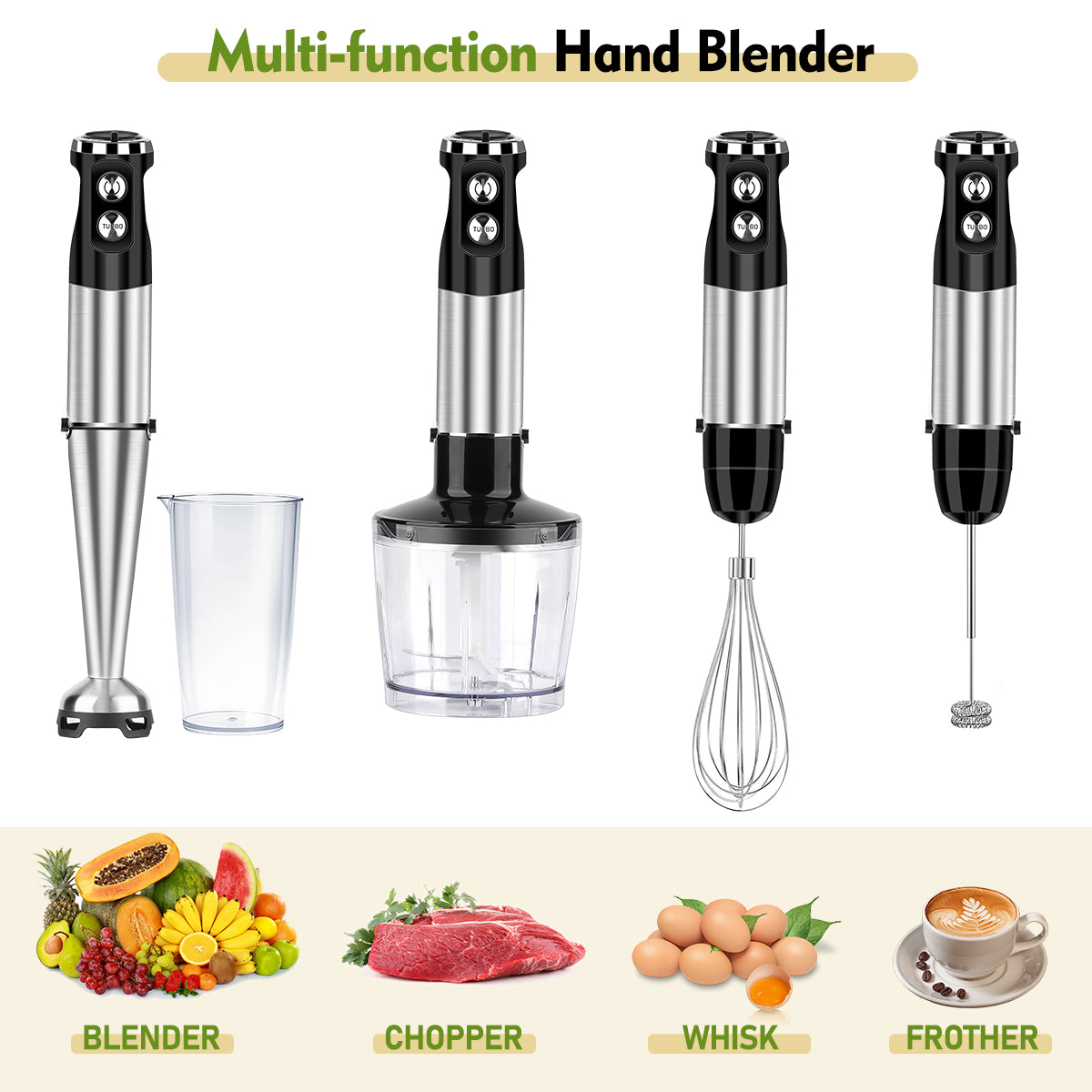 Immersion Blender Handheld, AOKIWO 12-Speed 5 in 1 Hand Blender, Stick Blender with Beaker, Chopper Bowl, Whisk, and Frother for Smoothies, Soup, Baby Food