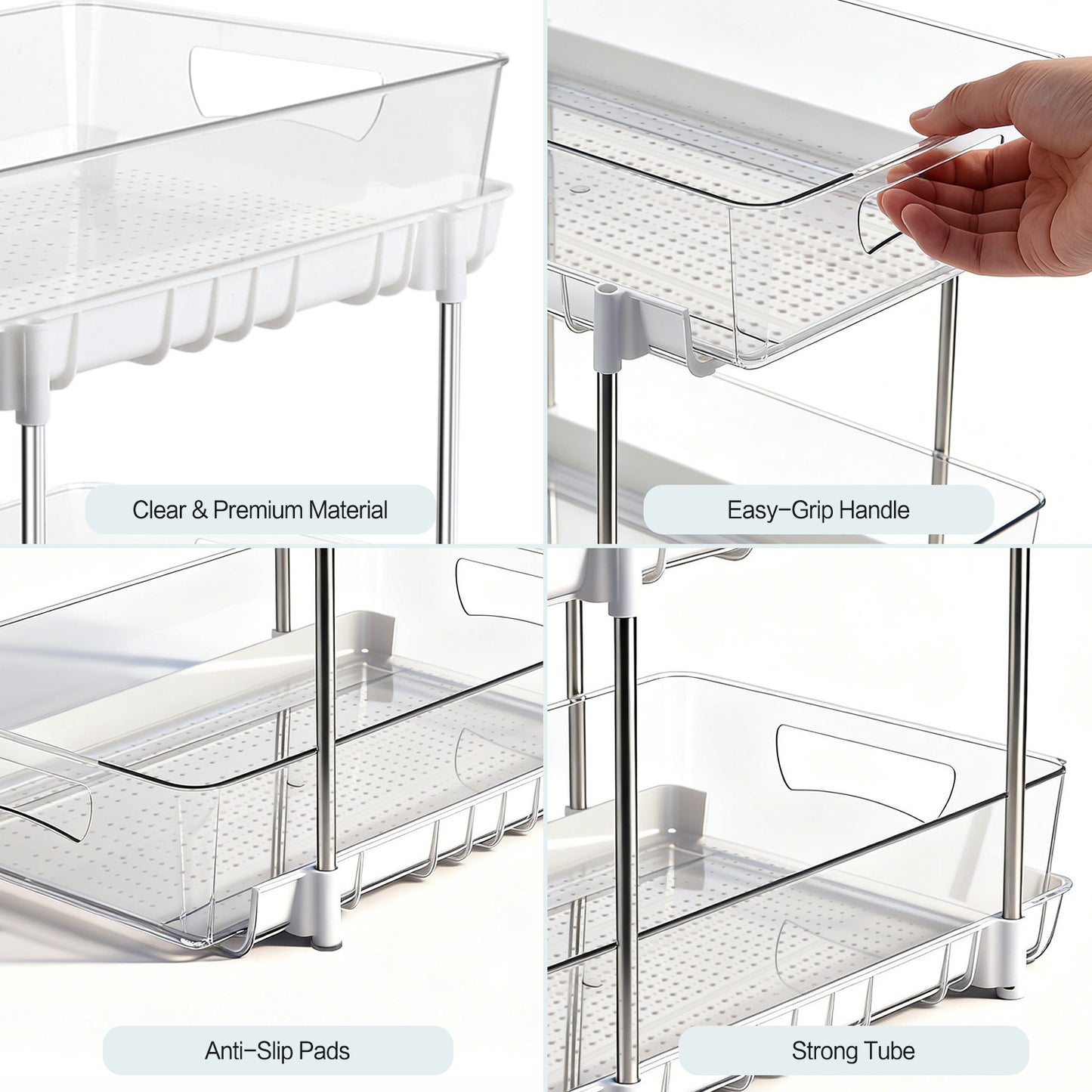 3 Pack Bathroom Organizer, 2 Tier Under Sink Organizers Vanity Countertop Storage Container, Kitchen Cabinet Drawers Bins, Pull-Out Organization for Pantry, Spice, White & Clear