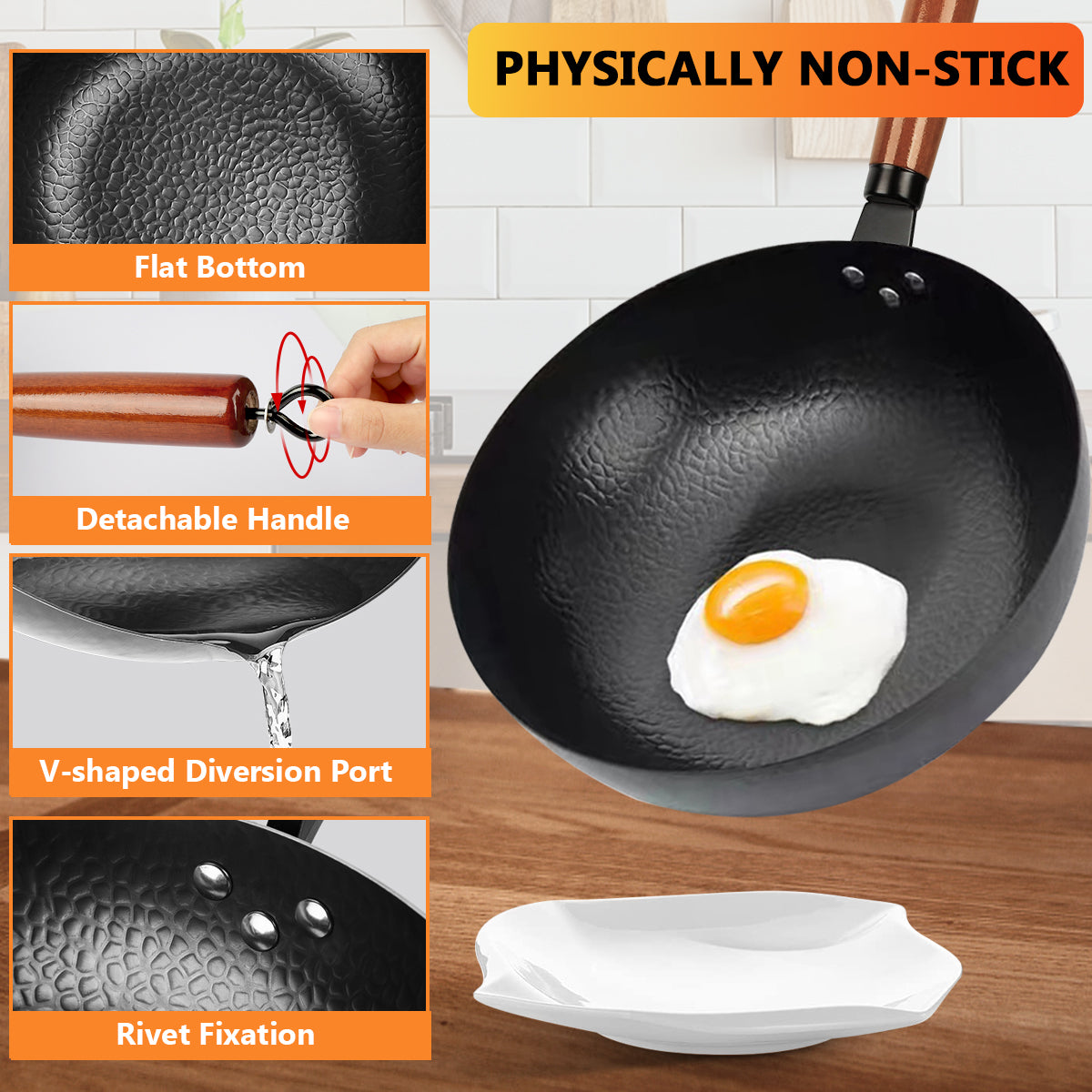 KAQINU Carbon Steel Wok Pan, 14 Piece Woks & Stir-Fry Pans Set with Wooden Lid Cookwares, No Chemical Coated Flat Bottom Chinese Pan for Induction, Electric, Gas, Halogen All Stoves - 12.6''