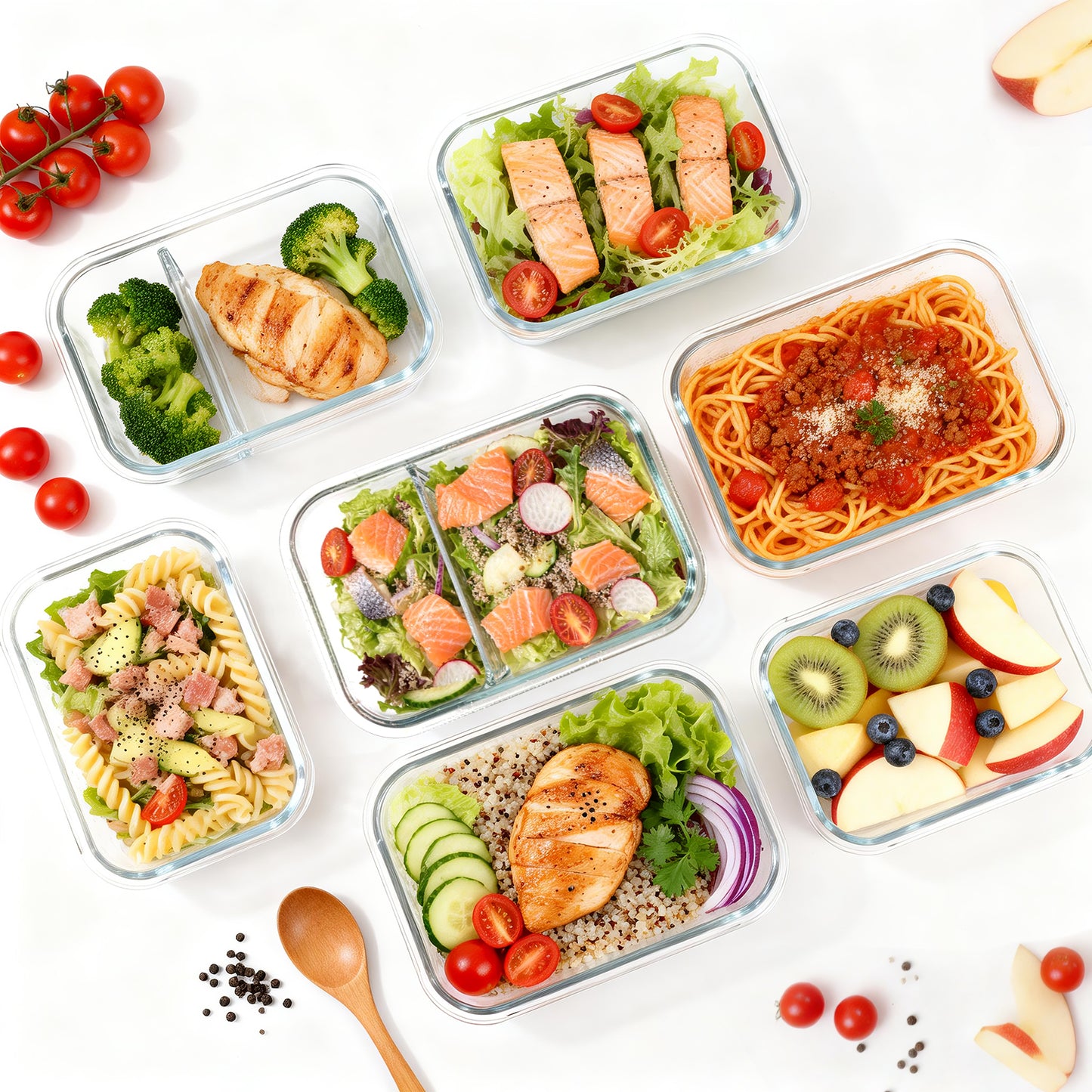 20 Pcs Glass Food Storage Containers with Lids, 1 & 2 Compartment Glass Airtight Meal Prep Containers with Sauce Containers(10 Containers & 10 Lids), Oven & Freezer Safe, Leak Proof, Grey