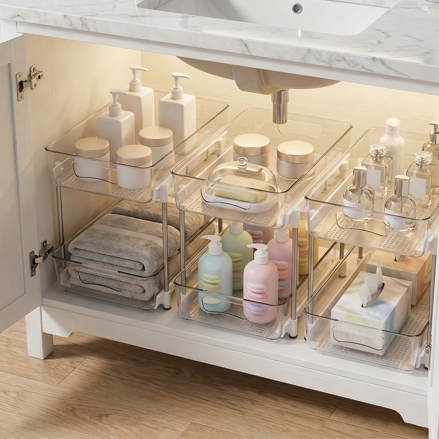 3 Pack Bathroom Organizer, 2 Tier Under Sink Organizers Vanity Countertop Storage Container, Kitchen Cabinet Drawers Bins, Pull-Out Organization for Pantry, Spice, White & Clear