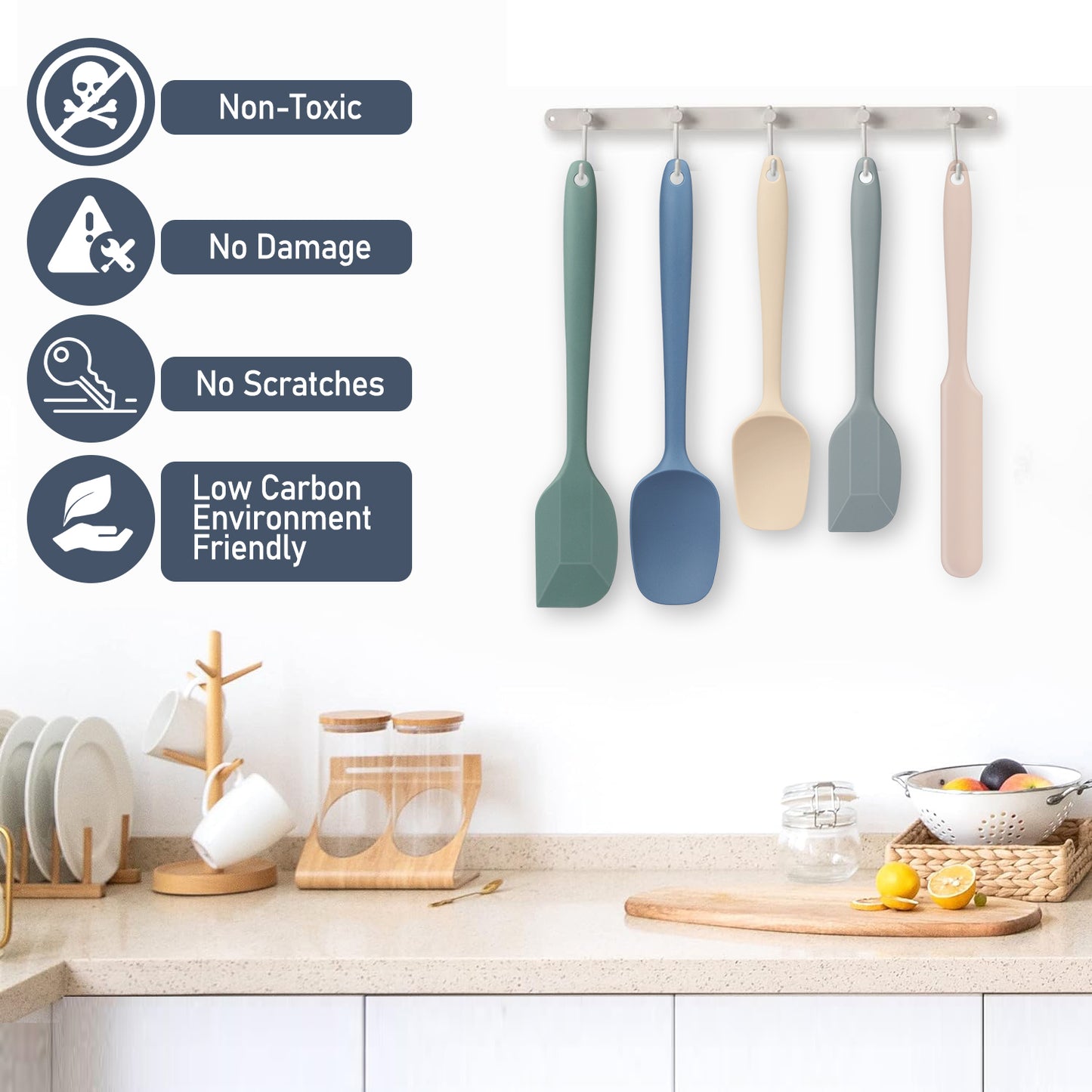 Food Grade Silicone Rubber Spatula Set, AOKIWO 5 Pcs Kithen Cooking Mixing Utensil Set, BPA-Free High Heat Resistant Non Stick Dishwasher-Mixed Color 02