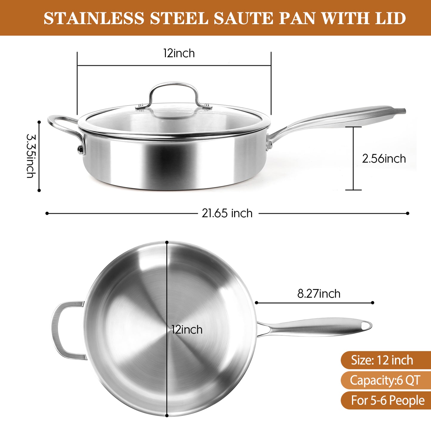 Tri-Ply Stainless Steel Frying Pan, TAIMASI 12 Inch Stainless Steel Skillet with Lid & Handle, 6 Quart Saute Pan Compatible with All Cooktops, Dishwasher and Oven Safe Cookware