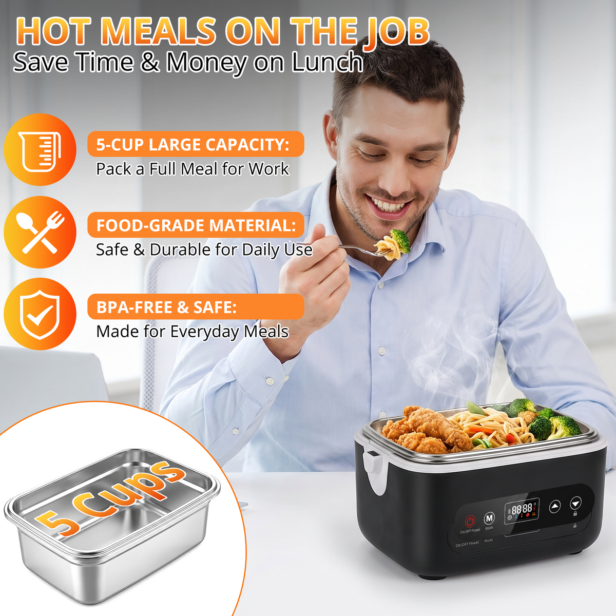 Heated Lunch Box, 5-Cup Electric Lunch Box for Adults, Rechargeable Heating Lunch Box with Scheduled Heating, Leak-Proof, Bonus Ice Pack & Insulated Bag for Work, Outdoor, Travel, Car, Office