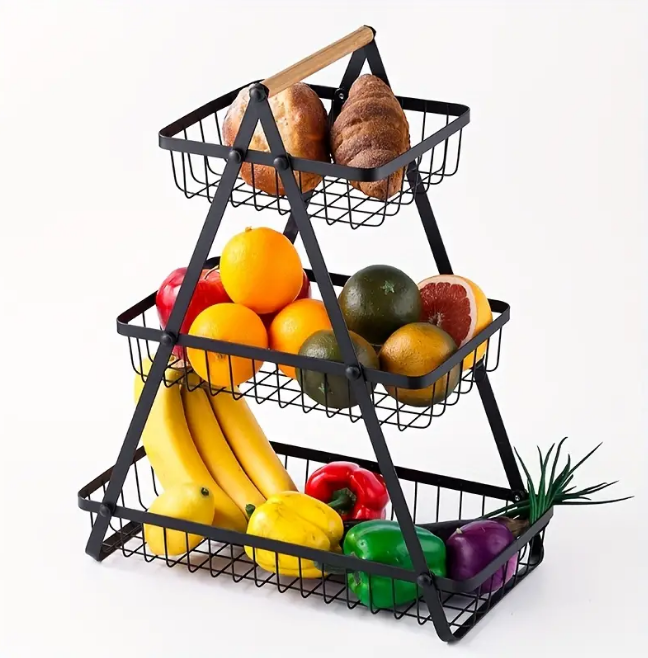 3 Tier Fruit Basket with Wooden Handles, TAIMASI Metal Storage Basket Kitchen Office Home Counter Dining Organizer for Fruit, Vegetable, Snacks, Black