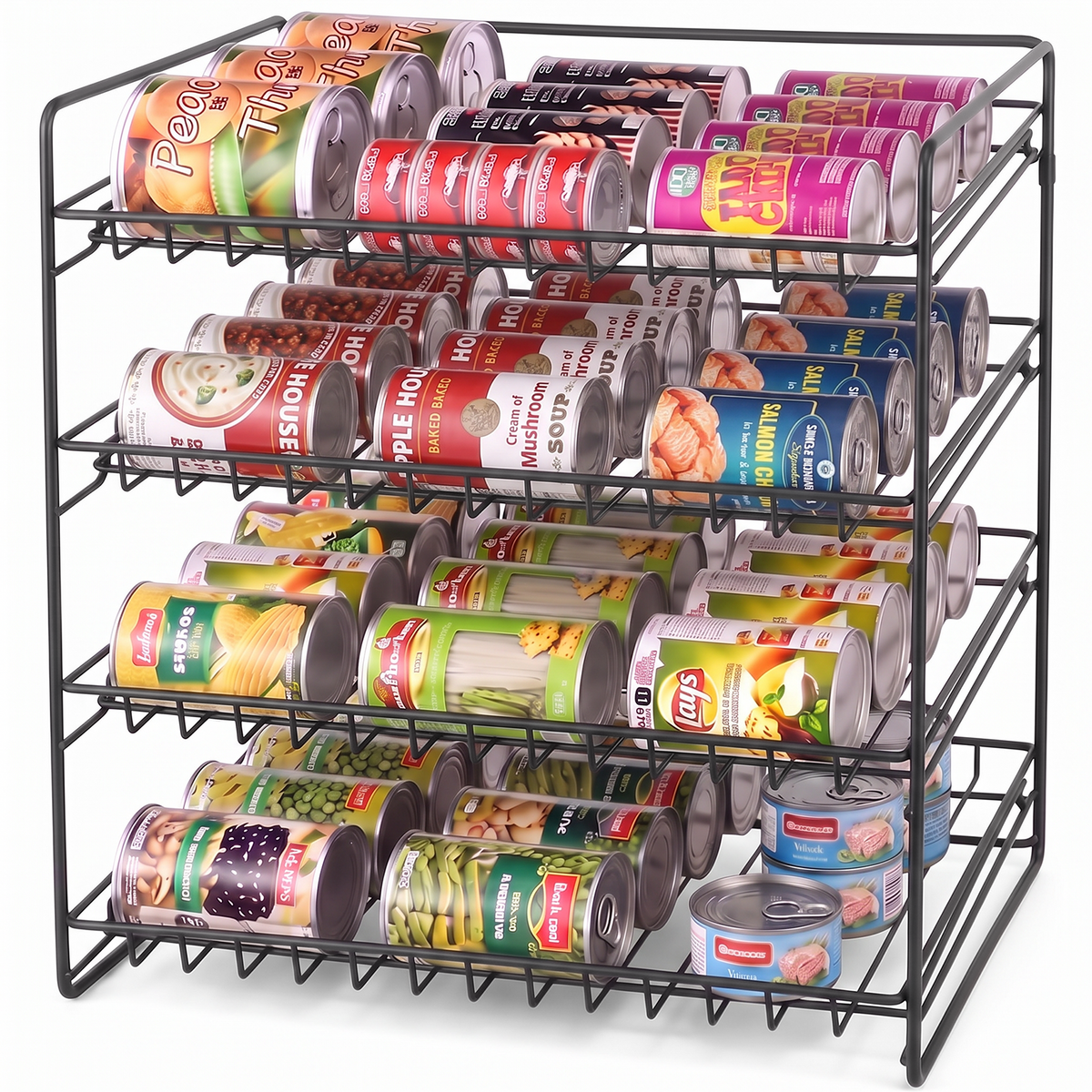 4 Tier Stackable Can Organizer, TAIMASI Stainless Steel Kitchen Cabinet Pantry Organization Food Storage Dispenser Holds Up to 48 Cans,Black