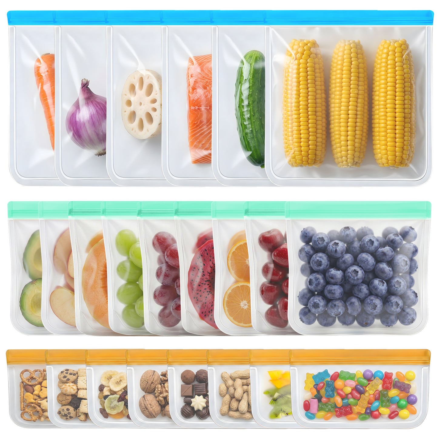 Reusable Food Storage Bags, Silicone Bags for Food Storage, Leakproof Airtight, BPA Free, Freezer Safe, 3 Sizes Reusable Freezer Bags for Meal Prep, Snacks, Fridge, Travel
