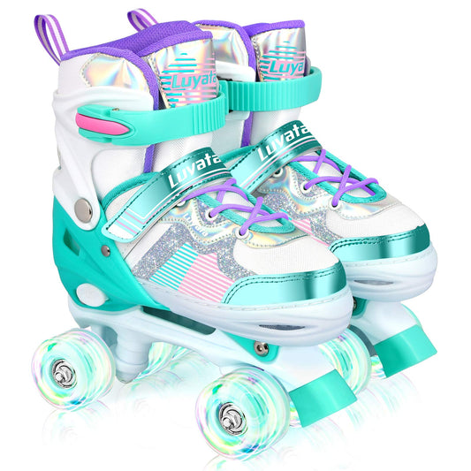 Roller Skates for Girls Boys Kids Toddler, 4 Sizes Adjustable Kids Roller Skates Outdoor Indoor with Light up Wheels / Mint Color (Size 3-6 US)