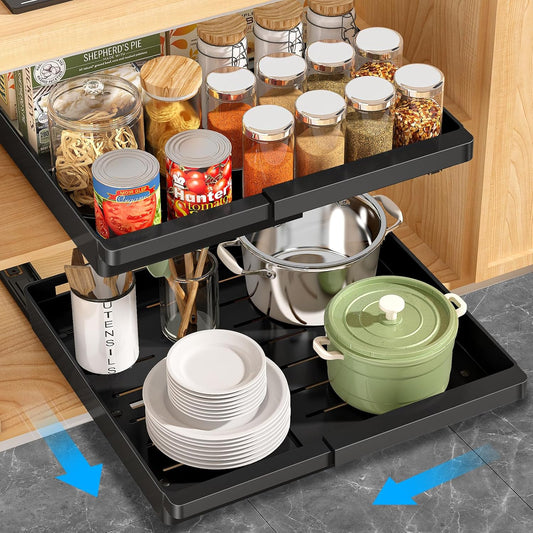 2 Pcs Pull Out Cabinet Organizers Expandable (11.6''-17.5''), Plastic Slide Out Drawers for Kitchen, Bathroom, Pantry, Under Sink, Pull Out Drawers Fixed with Adhesive Nano Film (Black)